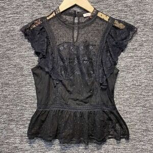 Mele E Pere Lace Peplum Top Womens Medium Black Sheer Mesh Ruffle Romantic Goth